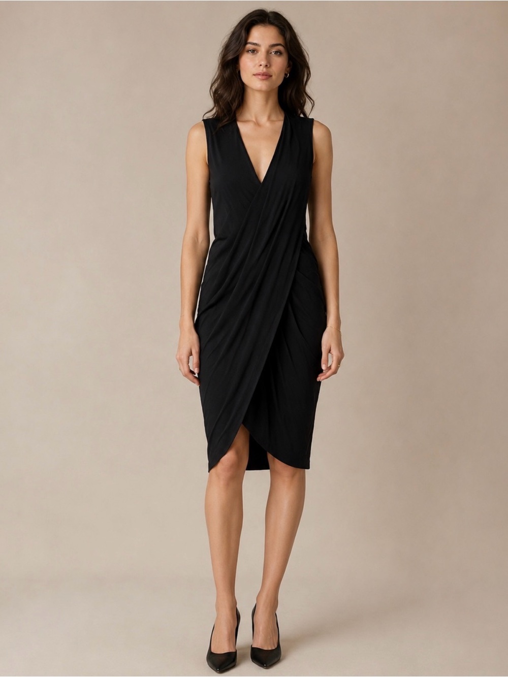 Helmut Lang Black Sleeveless Crepe Wrap Sheath Dress Exposed Zip Draped Large